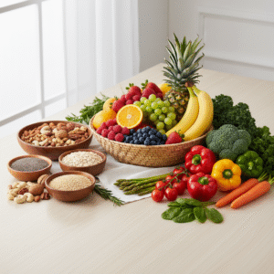 Natūralių maisto produktų asortimentas ant medinio stalo